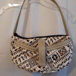 New Southwestern ethnic print Kokopelli Purse Tan Black Vinyl trim shoulder bag